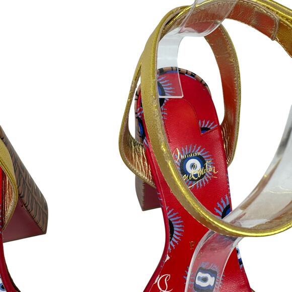 Christian Louboutin Movida Athina Platform Heels Tribal Print Gold Straps 37.5 - Picture 3 of 11